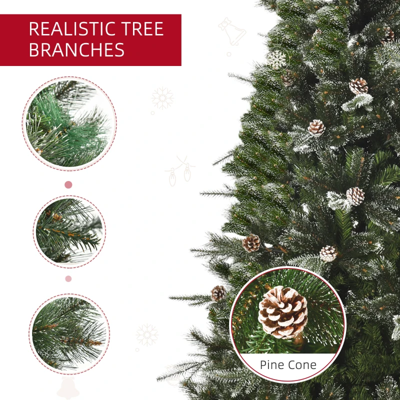 HOMCOM HOMCM 7FT Artificial Christmas Snow Pine Tree Holiday Home Xmas Decoration with Automatic Open, Pinecone, Green