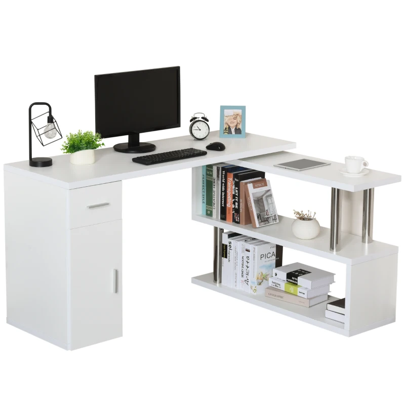 HOMCOM Rotating Computer Desk, 55" L-Shaped Desk, Corner Desk with Storage Shelves, Cabinet and Drawer for Home Office, White