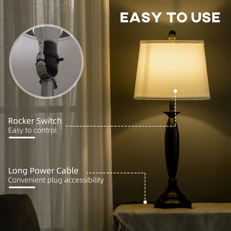 HOMCOM Boho Desk Lamp & Floor Lamps Set of 3, 3 Piece Lamp Set for Living Room, Bedroom, & More, Linen Lampshade, Steel Base, Black