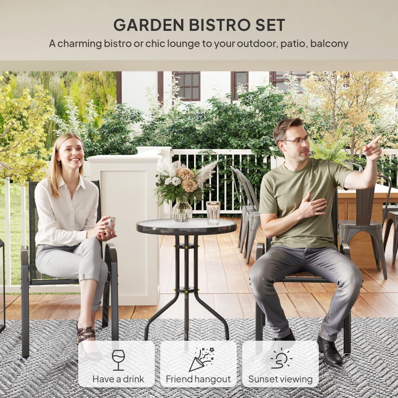 Outsunny 3 Pieces Bistro Set, Small Patio Furniture Set with Stackable Mesh Chairs, Glass Table for Garden, Balcony, Black