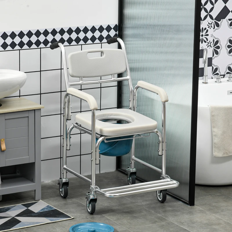 HOMCOM 3-in-1 Shower Commode Wheelchair, FSA/HSA Eligible Transport Beside Commode Chair, Waterproof Rolling Over Toilet Chair 330 lbs. Weight Capacity with Padded Seat, Gray