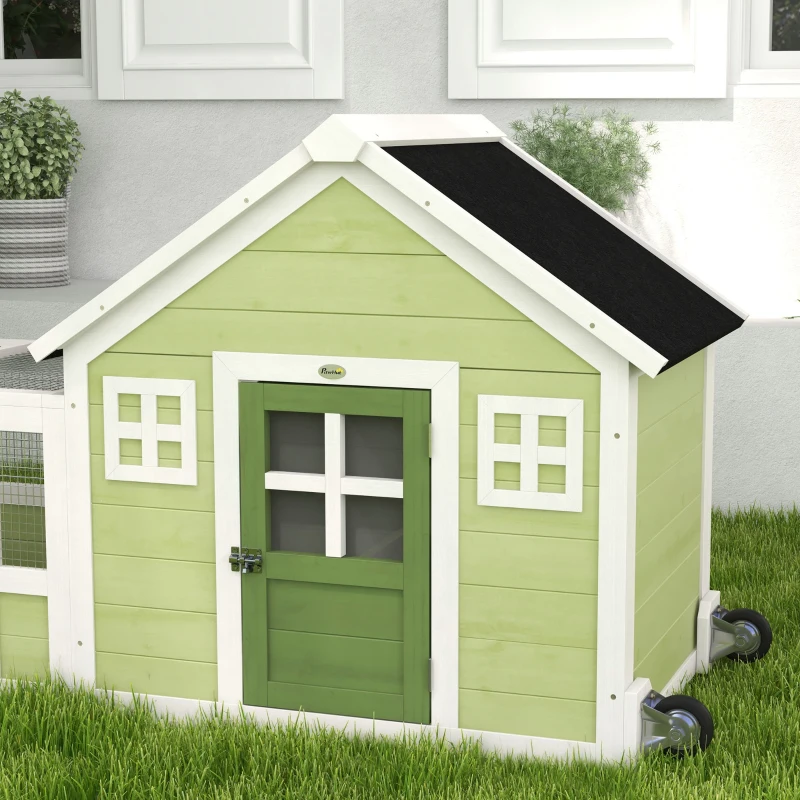 PawHut 64 Inch Rabbit Hutch with Asphalt Roof, Handle, Wheels, Multicolo