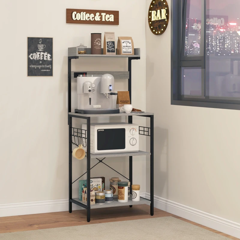 HOMCOM Kitchen Baker's Rack with Power Outlet, Coffee Bar Station with Adjustable Shelves and Hooks, Distressed Grey