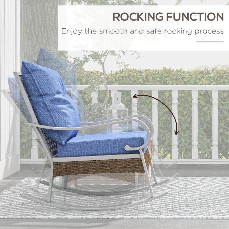 Outsunny Outdoor Rocker, Porch Rocking Chair with Soft Cushion, Rattan Decoration for Garden, Patio, Balcony, Lawn, Light Blue