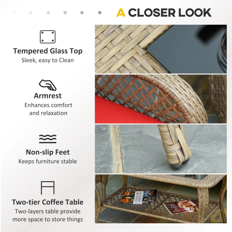 Outsunny 4-Piece Garden Furniture Garden Lawn Pool Backyard Outdoor Sofa Wicker Conversation Set w/ Weather Resistant Cushions and Tempered Glass Tabletop Khaki & Red