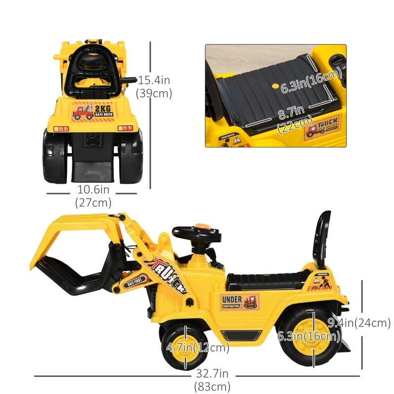 Aosom Ride On Excavator Toy No Power Digger with Realistic Sound Grabber Storage, for 2-4 Years Old, 32.7"x10.6"x15.4", Yellow