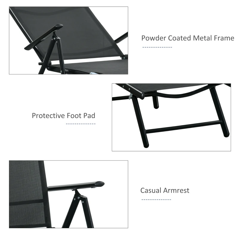 Outsunny Outdoor Set of 2 Lounge Chair, Folding Reclining Garden Sun Lounger with Metal Frame, Adjustable Backrest for Patio, Deck, and Poolside, Black