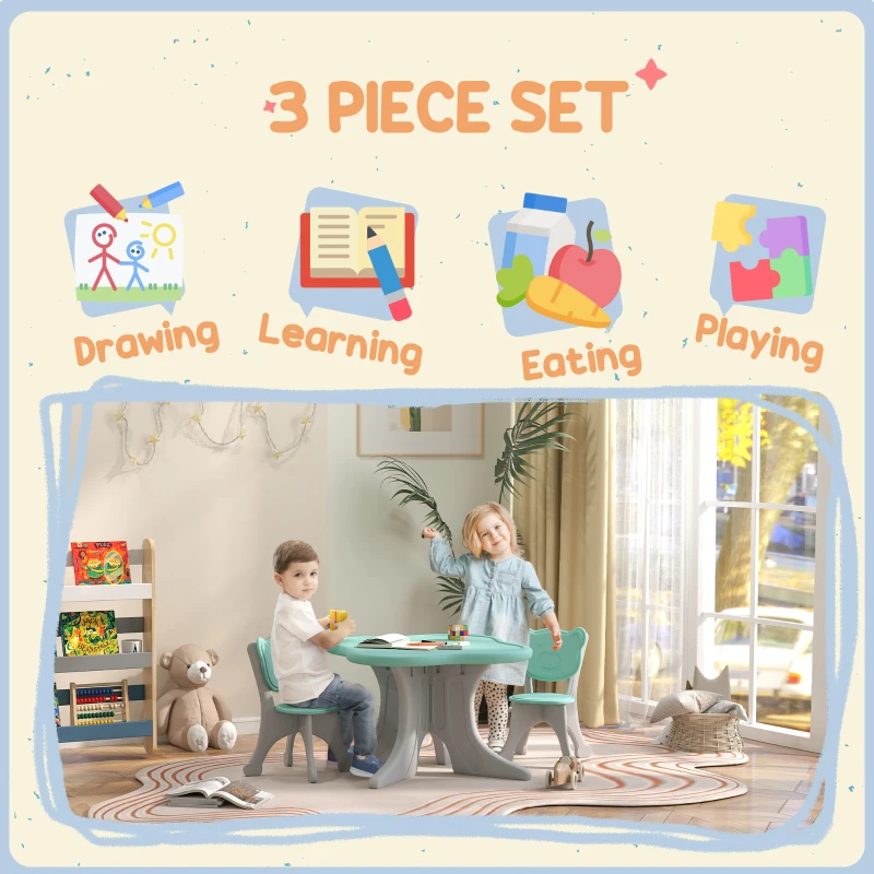 Qaba 3 Piece Kids Table and Chairs Set for 3-6 Years Old, Light Blue