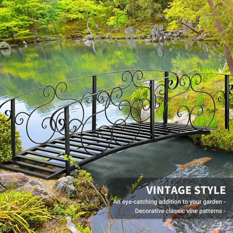 Outsunny 6FT Steel Garden Bridge with Safety Siderails, Decorative Arc Landscaping Bridge for Backyard Creek Stream Pond, Black