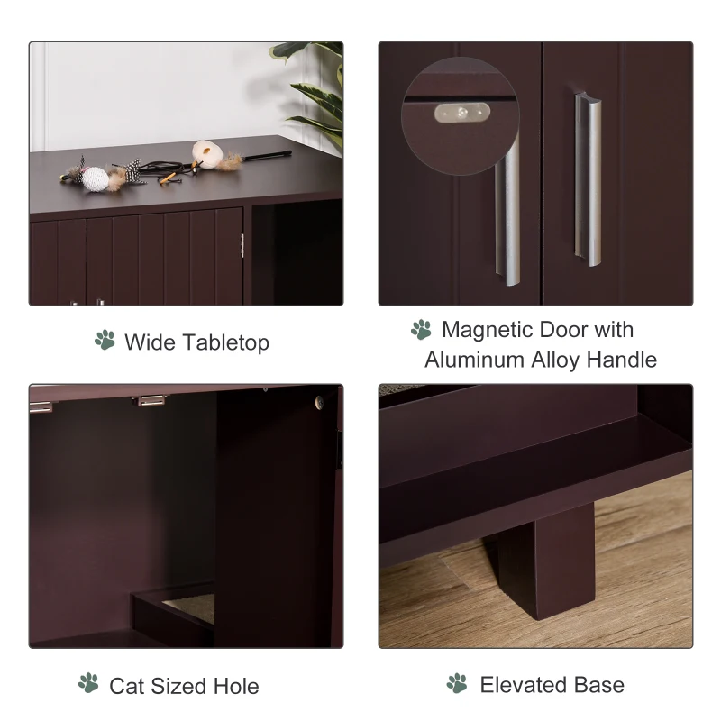 PawHut Wooden Cat Litter Box Enclosure & House, Kitty Hidden Washroom, with End Table Design, Scratcher, & Magnetic Doors, Brown
