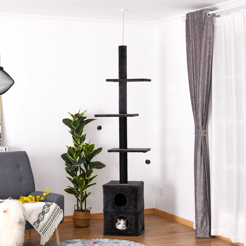 PawHut Cat Tree Floor to Ceiling Condo w/ Jute Scratching Post Dangling Ball Adjustable 86.5" H -96.5" H, Grey