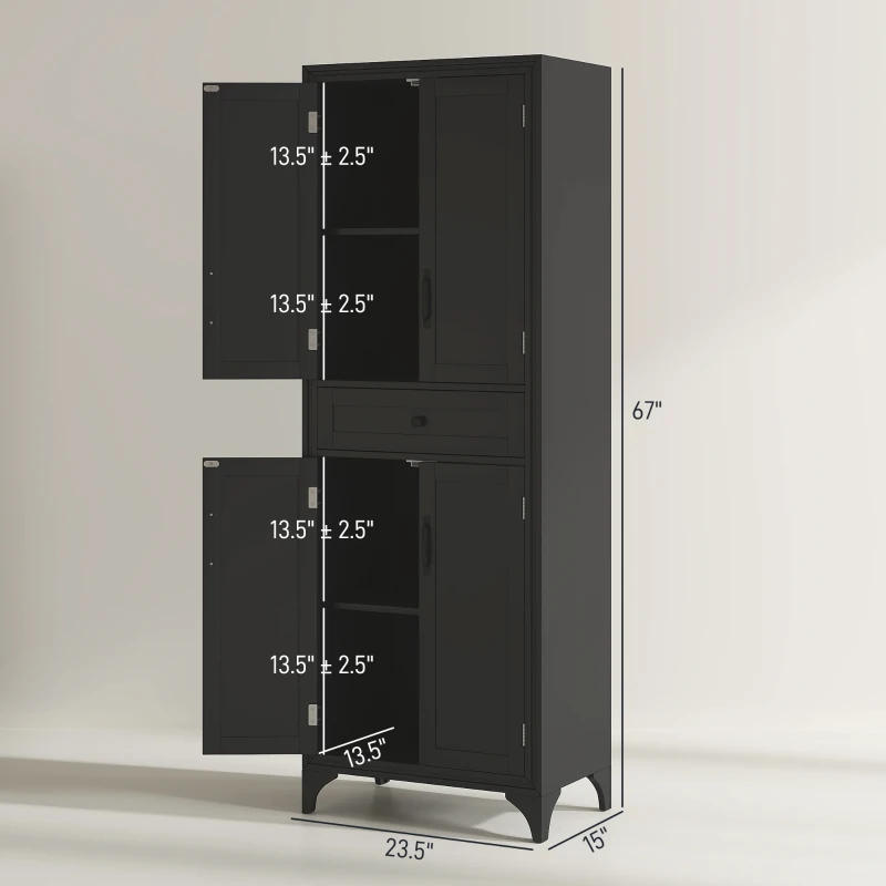 HOMCOM 67" 4-Door Kitchen Pantry with Drawer and Adjustable Shelves, Black