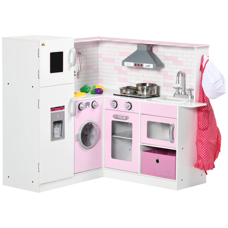 Qaba Corner Pretend Play Toy Kitchen with Sink Stove, Wooden Kids Kitchen Playset with Light Sound, Storage Cabinets, Ice Maker, Refrigerator, Washing Machine, Food Toys, White