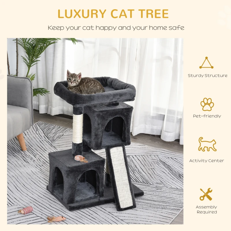 PawHut Plush Cat Tree Tower w/ Sisal Scratching Post Board Perch Condo Dark Grey