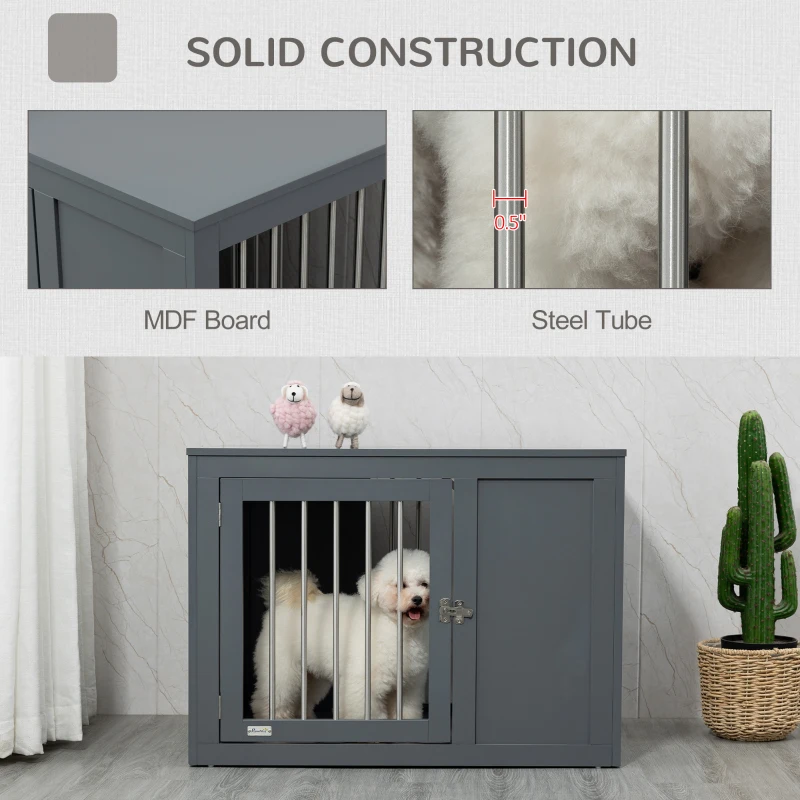 PawHut Dog Crate Furniture Wire Pet Cage Wooden Dog Kennel, End Table with Double Doors, and Locks, for Medium and Large Dog House Indoor Use, Gray