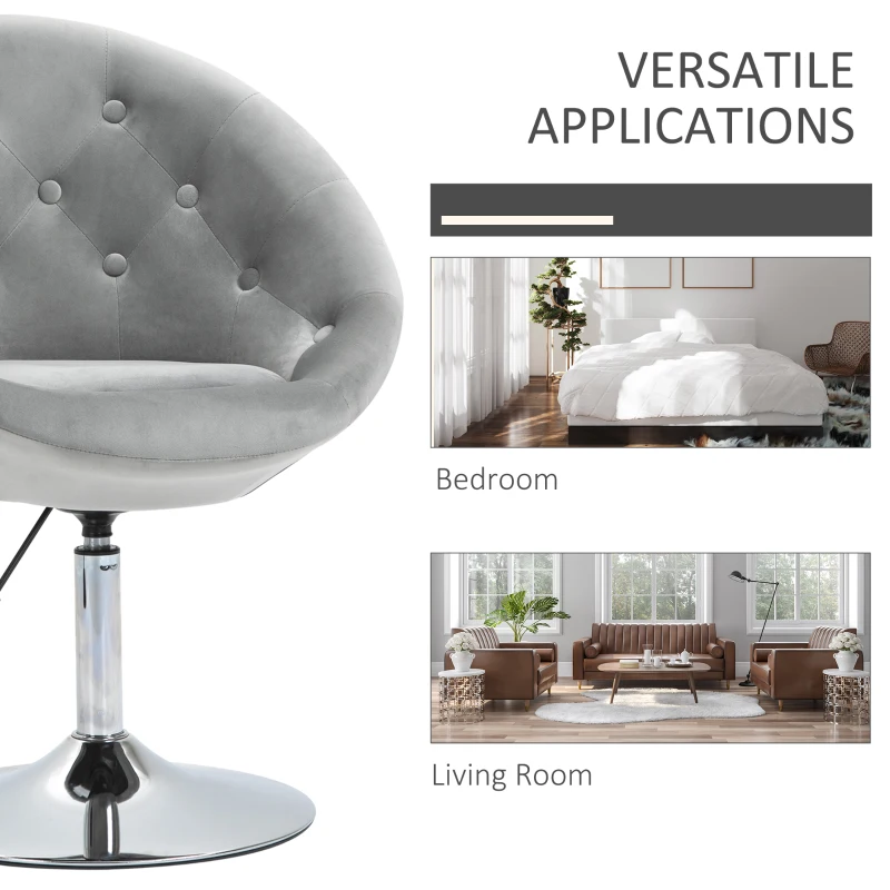 HOMCOM Modern Makeup Vanity Chair Round Tufted Swivel Accent Chair with Chrome Frame Height Adjustable for Living Room, Bedroom Gray