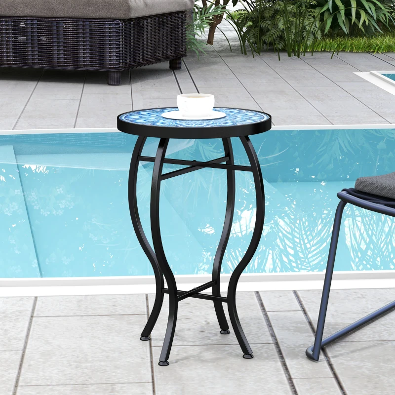 Outsunny Round Outdoor Table, Patio Bistro Coffee Table with Mosaic Top and Steel Frame for Garden