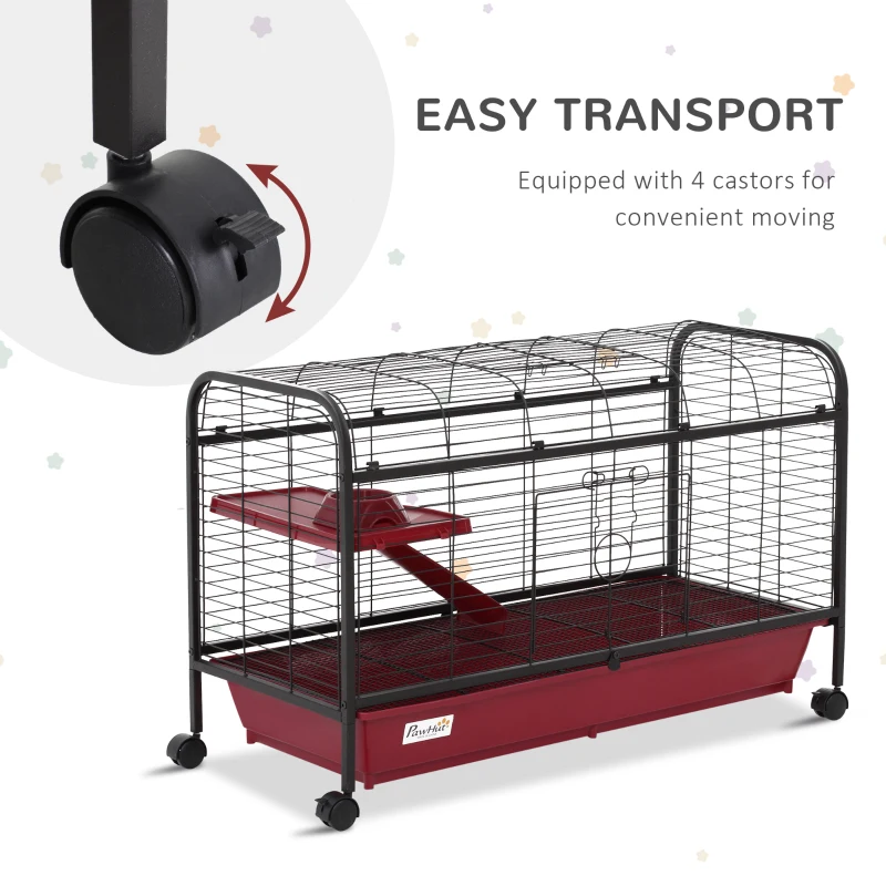 PawHut 42”Metal Wire Small Animal Pet Cage with EasyWheels for Portability & Spacious Multi-Level Design, Red and Black