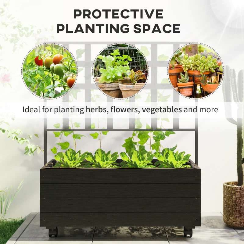 Outsunny Raised Garden Bed with Trellis and Wheels, Outdoor Planter Wooden Elevated Garden Bed for Garden, Patio, Balcony