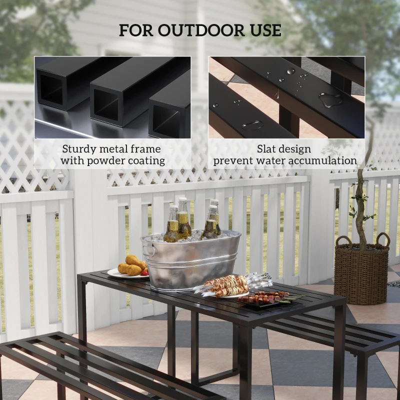 Outsunny 3 Pieces Outdoor Metal Picnic Table Set with 2 Benches, for Garden, Patio, Black