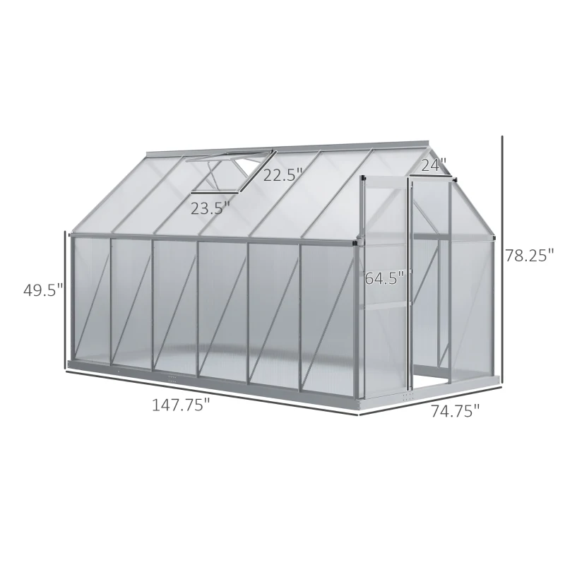 Outsunny 12' x 6' x 6.5' Polycarbonate Greenhouse with Aluminum Frame, Walk-in Heavy Duty Green House with Adjustable Roof Vent, Rain Gutter and Sliding Door for Winter, Silver