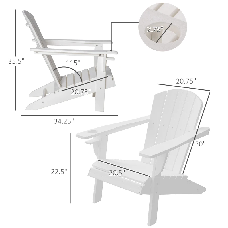 Outsunny Adirondack Chair with Cup Holder, All Weather Patio Chair HDPE Lounger, Fire Pit Seating High Back and Wide Seat for Outdoor, Backyard, Garden, Deck, Lawn, White