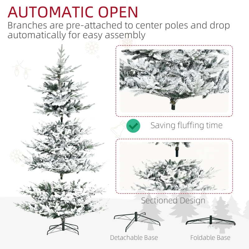 HOMCOM 8 Foot Pine Snow Flocked Artificial Christmas Tree with 1479 Realistic Cedar Branches, Auto Open, Home Holiday Decoration, Green