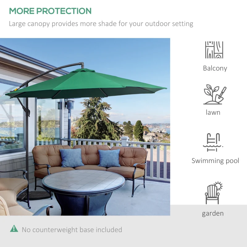 Outsunny 10' Cantilever Hanging Tilt Offset Patio Umbrella w/ UV & Water Safe Material & Cross Base (Weight Not Included), Green