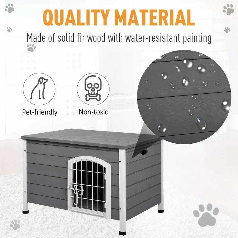 PawHut 31"L Wooden Decorative Dog Cage Kennel Wire Door with Lock Small Animal House with Openable Top Removable Bottom Gray