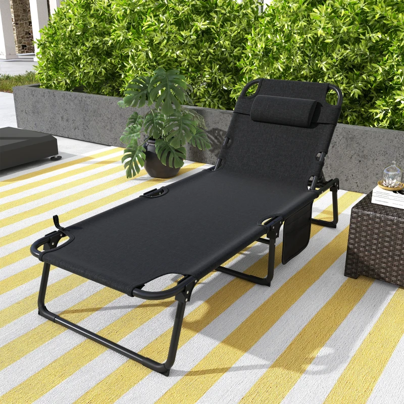 Outsunny Outdoor Folding Chaise Lounge Chair with 4-Position Adjustable Backrest, Magazine Pocket, Removable Head Pillow, Gray