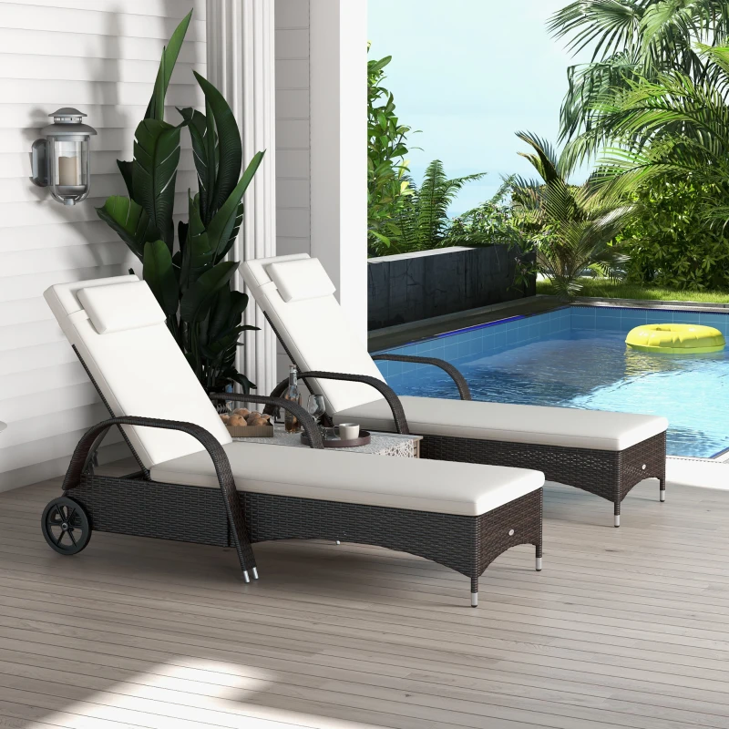 Outsunny 2 Reclining Chaise Lounge Chairs, Rolling Outdoor Chairs with Cushion, Pillow, Headrest, Armrests, and Wheels, Brown & White