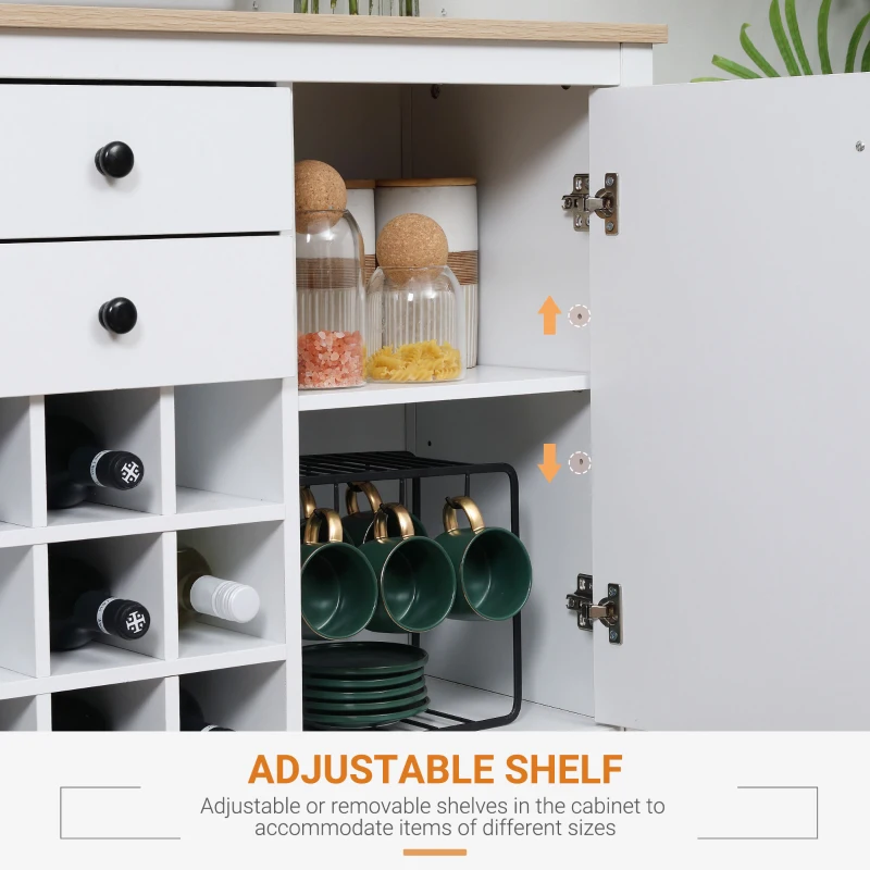 HOMCOM Coffee Bar Cabinet 9-Bottle Wine Rack, Sideboard Buffet Cabinet, Wine Cabinet with Drawers and Adjustable Shelves, Natural and White