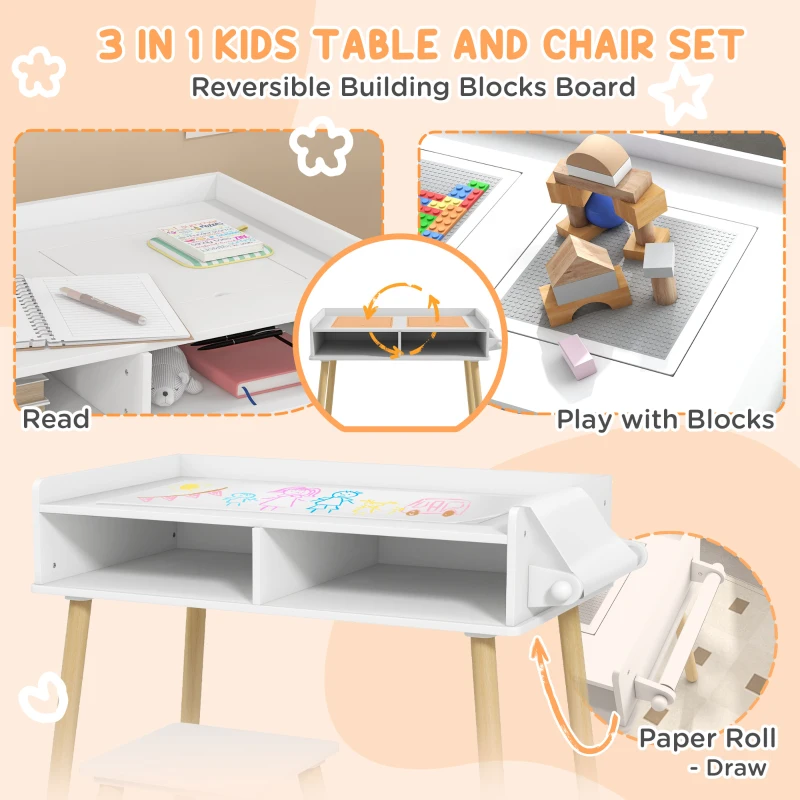 Qaba 3 in 1 Kids Table and Chair Set for Playing, Drawing, Reading, Art, Craft, for Nursery, Playroom, Grey