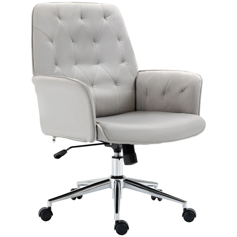 Vinsetto Velvet Home Office Chair, Tufted Height Adjustable Computer Desk Chair with Swivel Wheels and Padded Armrests, Light Gray