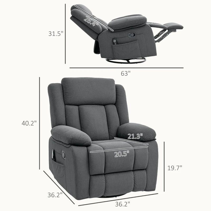 HOMCOM Recliner Massage Armchair with Heat, Oversized Swivel Rocker with Footrest, Remote and Side Pockets, Gray