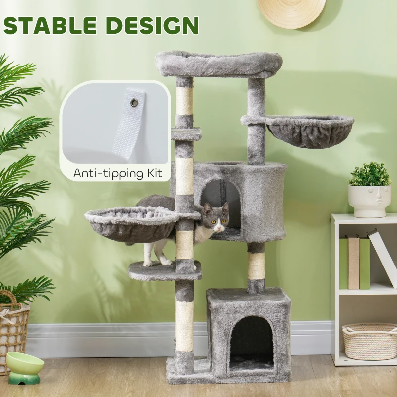 PawHut 52.5" Cat Tree Tower with Scratching Posts, Cat Condos, Bed, Platforms, Hammocks, for Indoor Cats, Grey