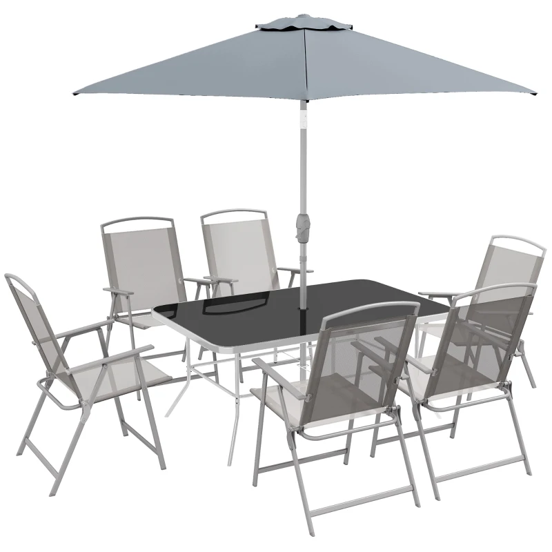 Outsunny 8 Piece Outdoor Dining Set, Patio Furniture Set with Umbrella, 6 Folding Chairs, Rectangle Table and Mesh Seat, Gray