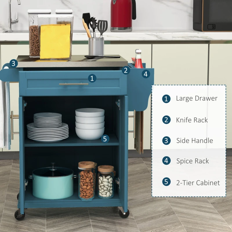 HOMCOM Kitchen Island with Wheels, Rolling Kitchen Island with Storage, Stainless Steel Countertop for Dining Room, Blue