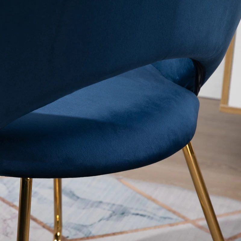 HOMCOM Modern Accent Velvet Chair Open Curved Mid-Back Upholstered Vanity Chair with Gold Plating Metal Legs for Living Room/Office/Reception Blue