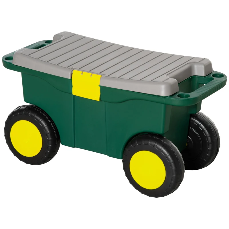 Outsunny Plastic Tool Box with Wheels, Portable Tool Box Organizer, Gardeners Tool Cart and Seat with Removable Tool Tray for Home, Craftsman and Garage
