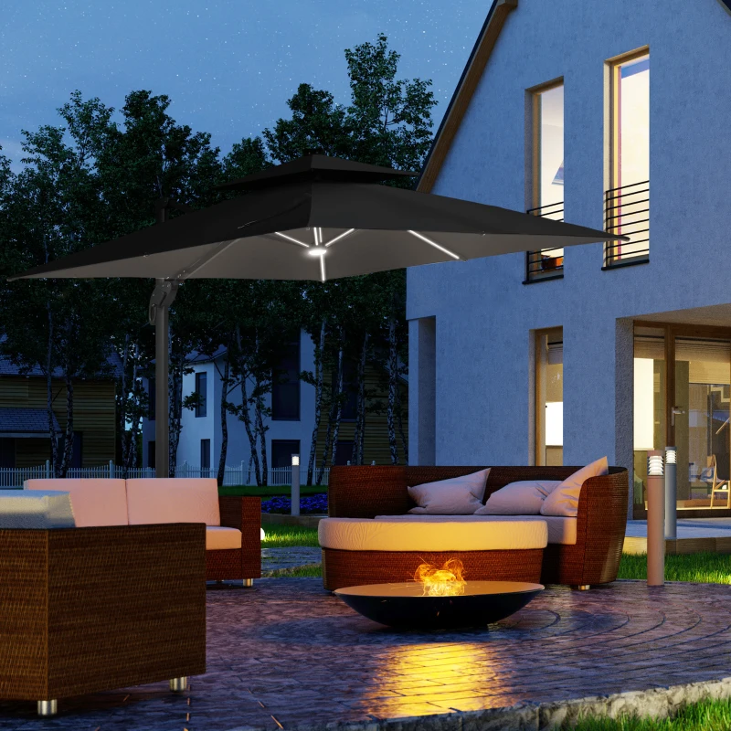 Outsunny 10x10ft Shade Umbrella with Solar LED Cold Lighted & Power Bank with Adjustable Angle for Backyard, Dark Grey