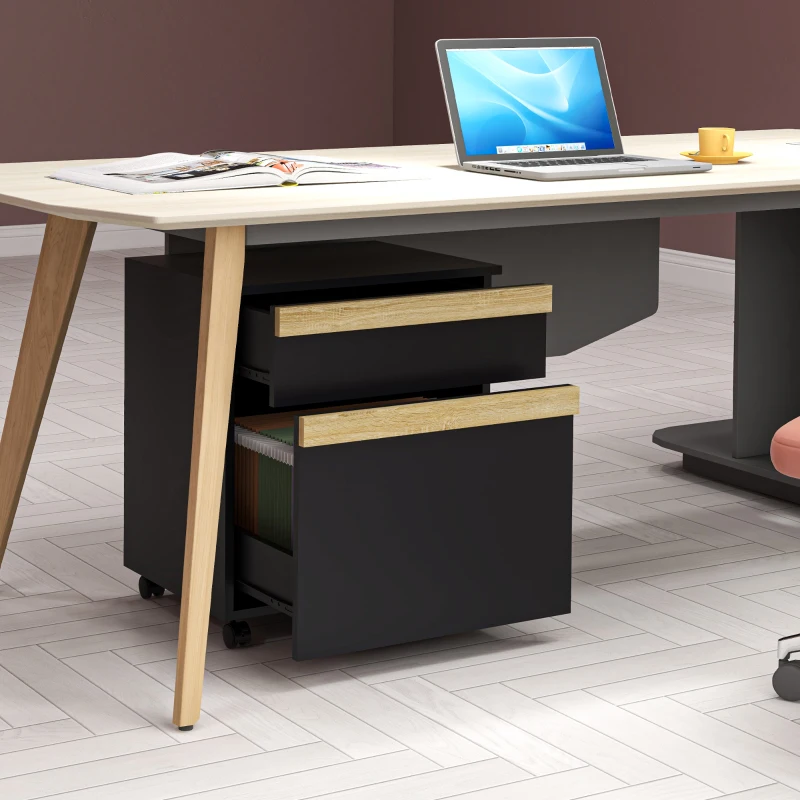 Vinsetto Mobile Filing Cabinet with 2 Drawers, Office Storage Cabinet with 5 Wheels, Black Wood Grain