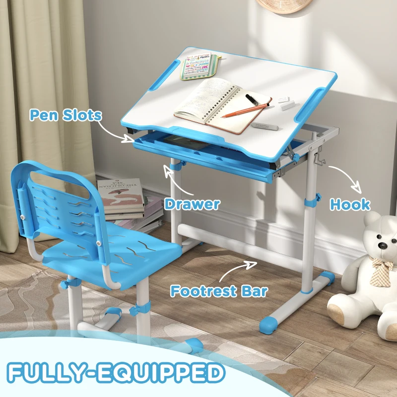 Qaba Height Adjustable Study Table and Chair Set with Drawer, Pen Slot, Tiltable Desktop, Hook, Blue