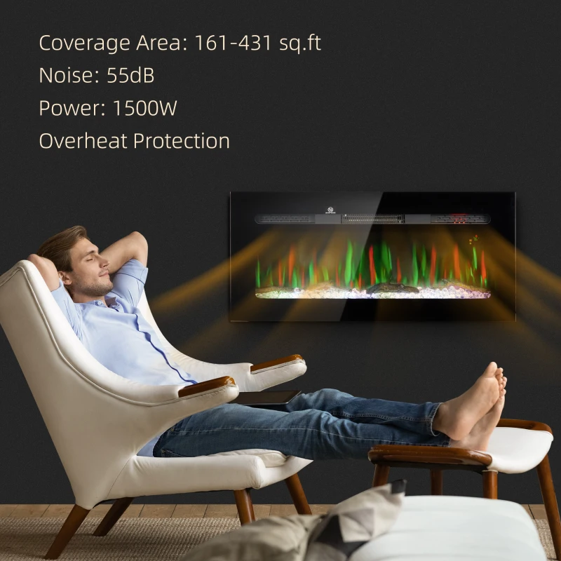 HOMCOM 40" Recessed or Wall Mounted Electric Fireplace Heater with Remote Control, Adjustable Flame Color and Brightness