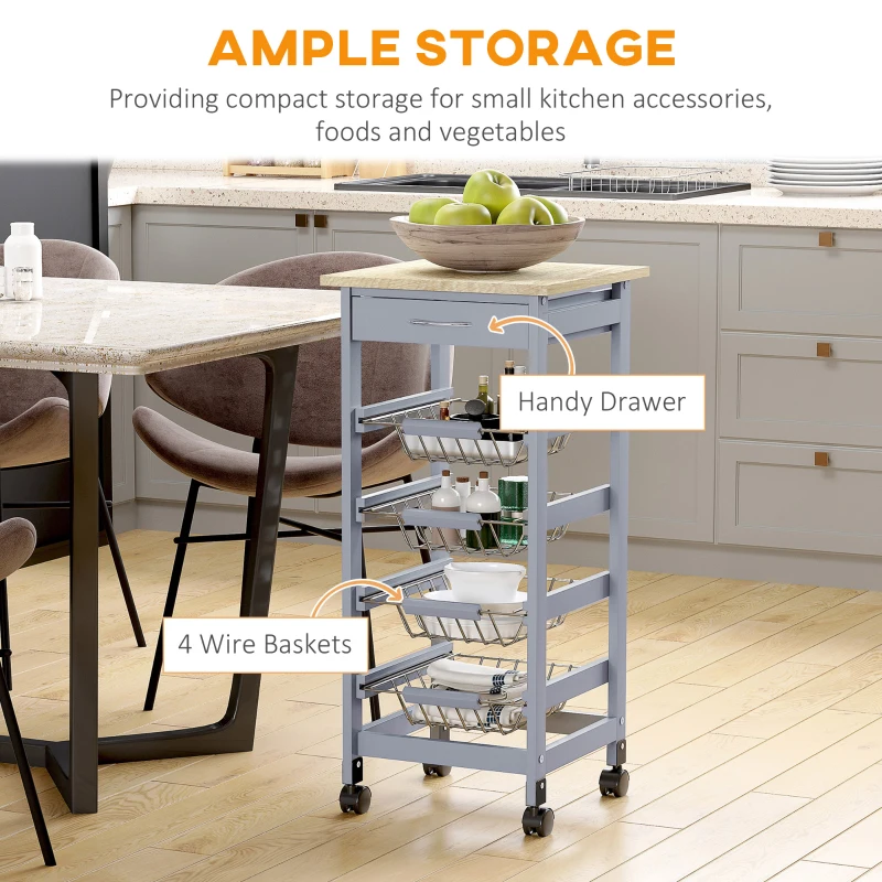 HOMCOM Mobile Kitchen Cart, Rolling Kitchen Island with Storage, Solid Wood Frame Utility Cart with Wire Fruit Baskets and Drawer, Gray
