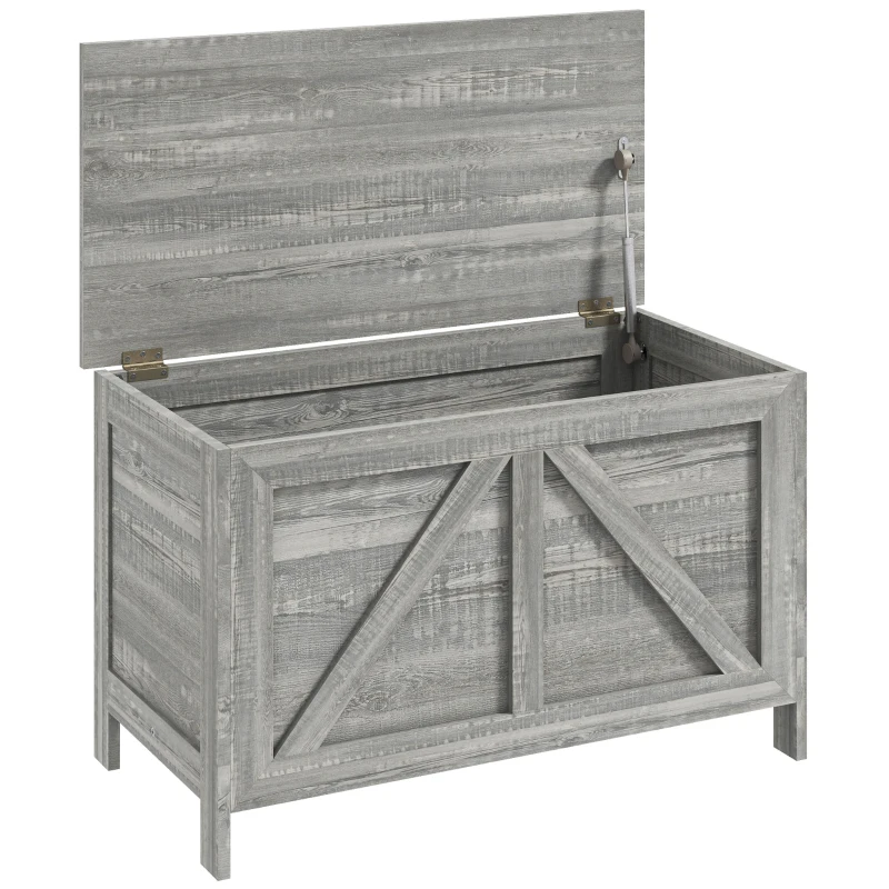 HOMCOM Storage Chest, Farmhouse Lift Top Box Organizer with Safety Hinge, for Bedroom, Entryway, Living Room, Gray Wood Grain