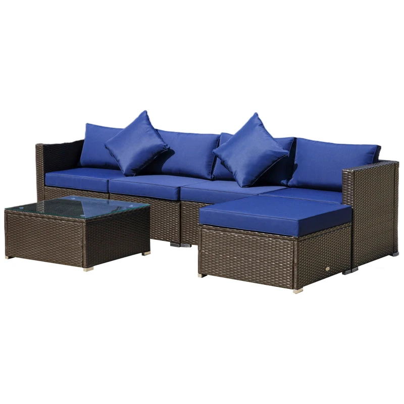 Outsunny 6 Piece Patio Furniture Set Outdoor Wicker Conversation Set All Weather PE Rattan Sectional Sofa Set with Ottoman, Cushions and Tempered Glass Table, Coffee and Blue