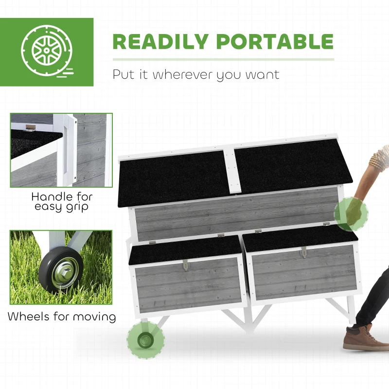 PawHut 59" Wooden Chicken Coop w/ Wheels, Handles, 2 Nesting Boxes, 2 Trays, 4 Perches, Chicken Tractor for 4-6 Chickens, Gray