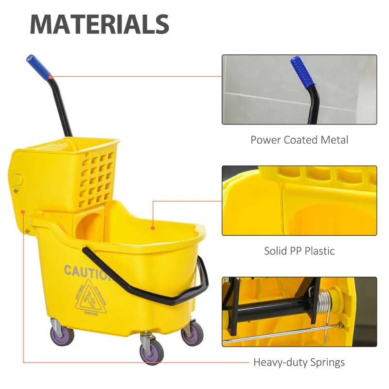 HOMCOM Mop Bucket Cart with Side Press Wringer, Metal Handle and 34 Quart Capacity, Yellow