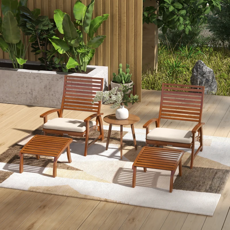Outsunny 4 Piece Patio Furniture Set, 2 Chairs with Cushions & Ottomans, Slatted Acacia Wood, Cream White